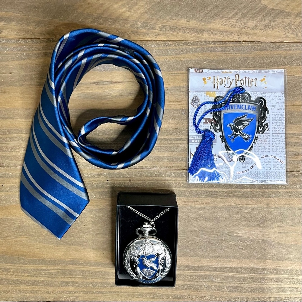 Lot of 3 Harry Potter Ravenclaw House Merch Necktie Pocket Watch Bookmark NWOT
